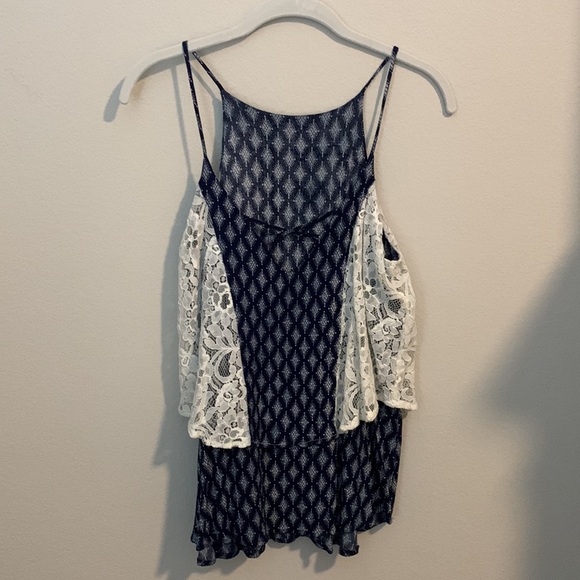 Navy blue and cream womens tank top with lace detail - Picture 3 of 4
